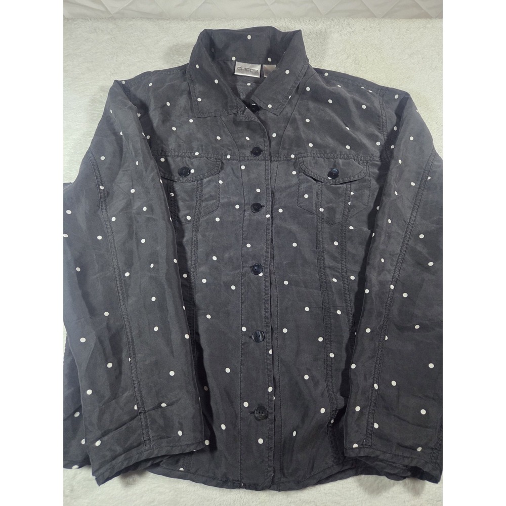 Chico's 100% Silk Polka Dot Button Front Shirt Women's Size 2/Large Black White - Picture 1 of 7